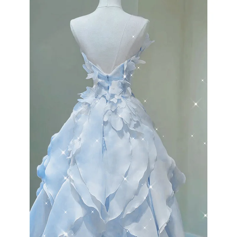 Elegant Blue Strapless Evening Dress Women New Fresh Sweet Ruffles Temperament Banquet Party Gown Prom Dresses