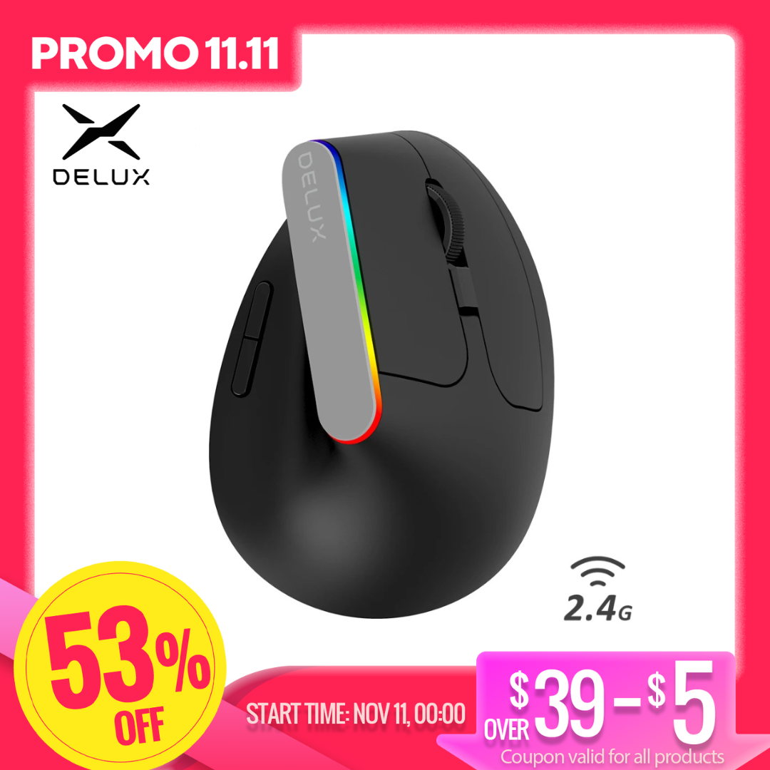 Delux M618C Wireless Silent Ergonomic Vertical 6 Buttons Gaming Mouse USB Receiver RGB 1600 DPI Optical Mice With For PC Laptop