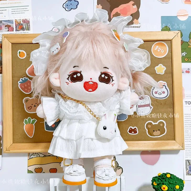 White pleated dress with lace headband 20cm set, 20cm baby clothes, star cotton doll dressing 3