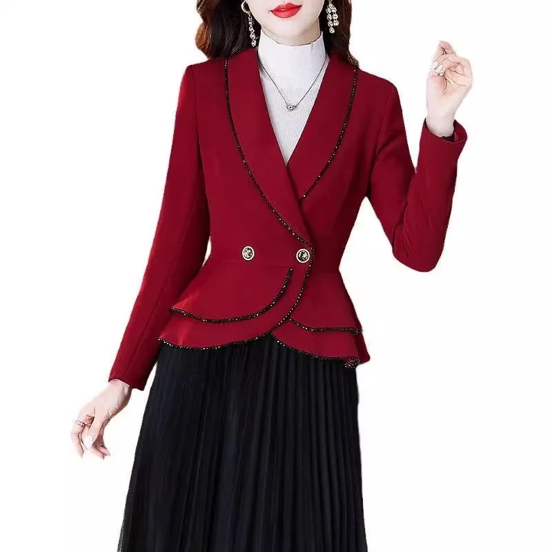 Suit Jacket Women's Short 2024 New Spring Autumn Wine Red Design Sense Top Elegant Suit Jacket Female Slim Single Buckle Blazer