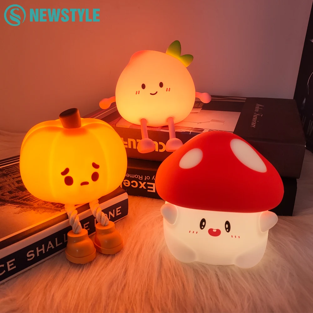 Night Light Cute Pumpkin Night Light Silicone Mushroom LED Sleeping Lamp Rechargeable Bedside Touch Nursery Nightlight For Kids Room