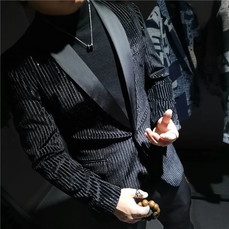 Powderr Gold Corduroy Stripe Blazer Man Stage Costumes For Singer Stylish Blazers For Men Blazer Hombre Terno Masculino Black blazers