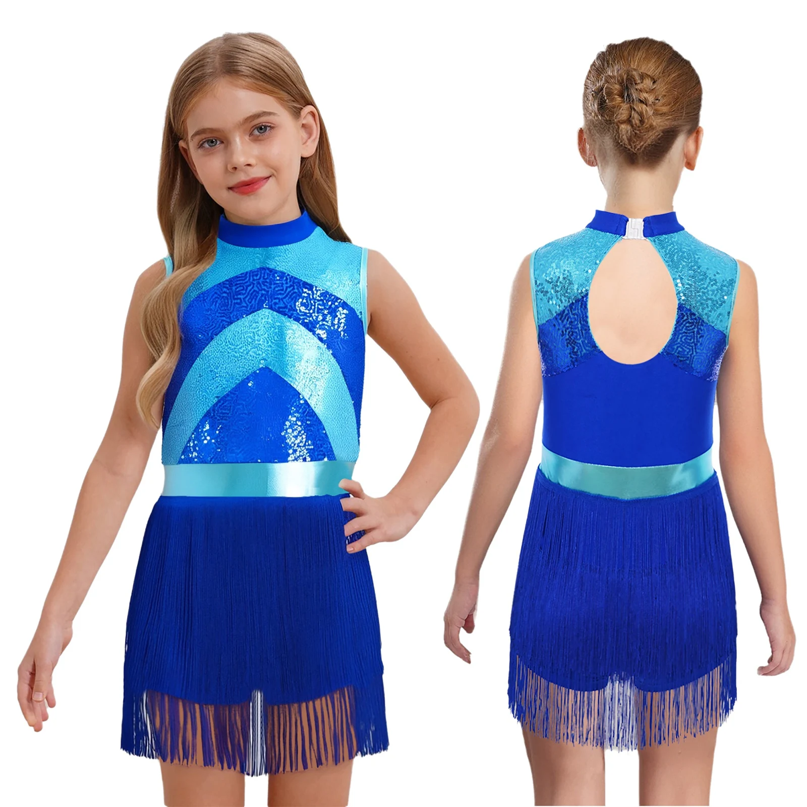 Girls Sequin Latin Dance Dress Sleeveless Tassels Fringed Bodysuit Skating Jazz Gymnastics Ballet Dance Leotard Tango Costumes