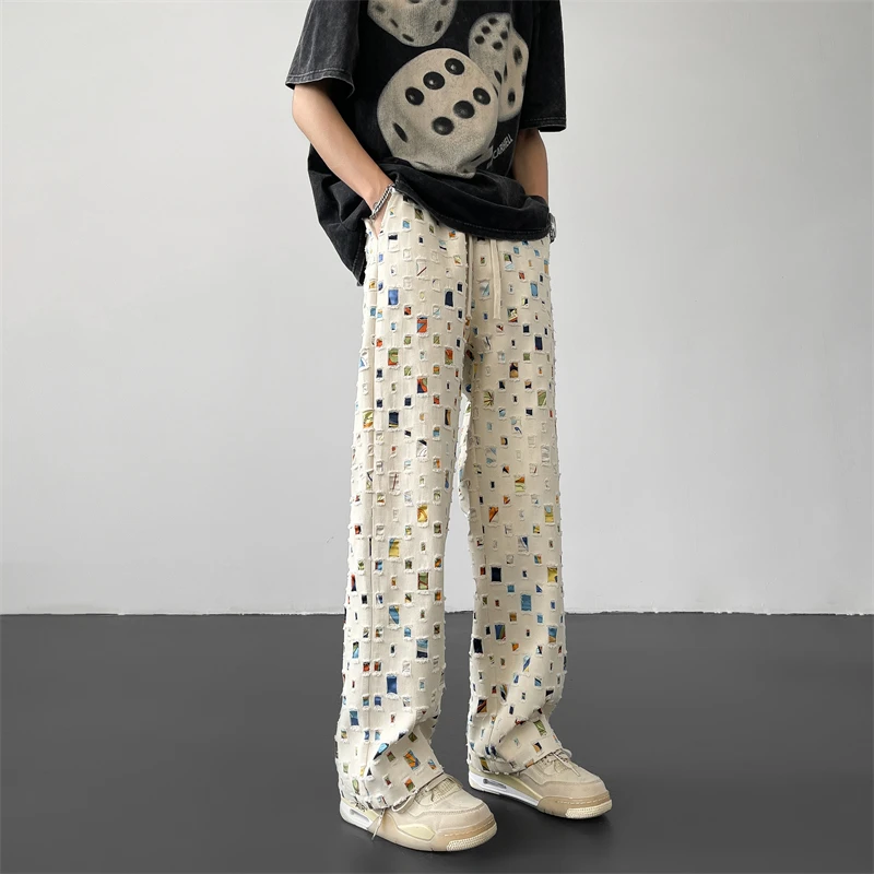 Cotton Casual Pants for Men Fashion Retro Colored Plaid Streetwear Hip-hop Loose Hollow Out Hole Trousers M-3XL casual pants