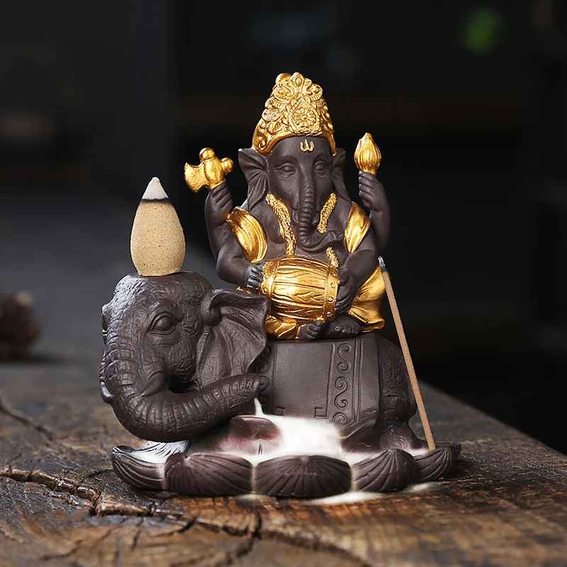 Handicrafts Lucky Ganesha Elephant Waterfall Backflow Incense Burner Home Decor Incense Stick Holder Lotus Censer (no Incense)