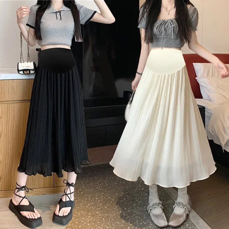 Maternity High Waist A- Line Skirt Pleated Spring Summer Women's Outerwear Slimming Half-length Skirt