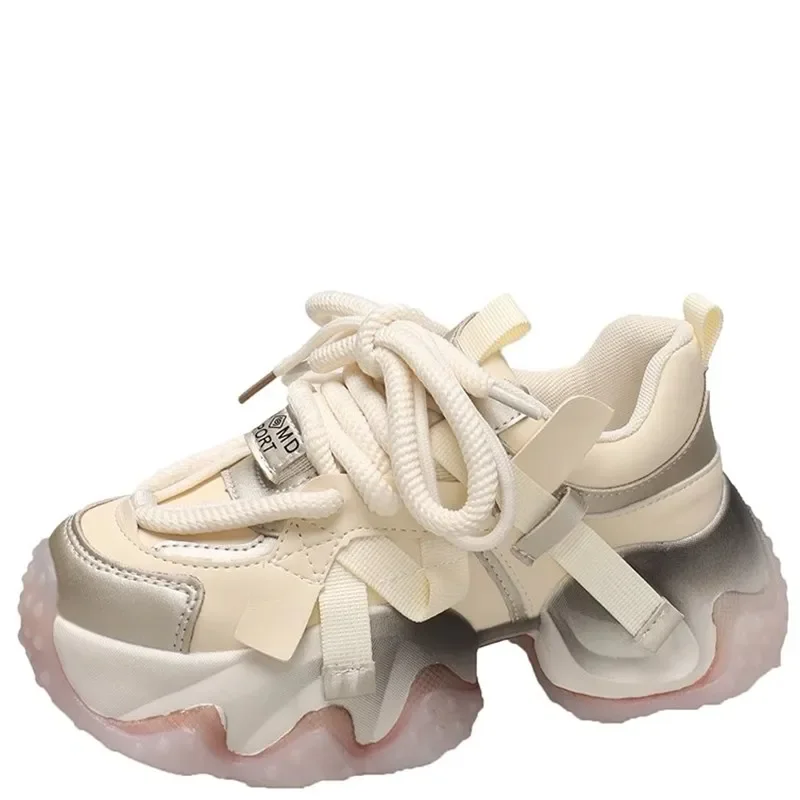 

2023 Winter Casual Leather Shoes 6CM Heels Women High Platform Warm Fur Sneakers Thick Sole Plush Sports Dad Shoes Zapatos Mujer