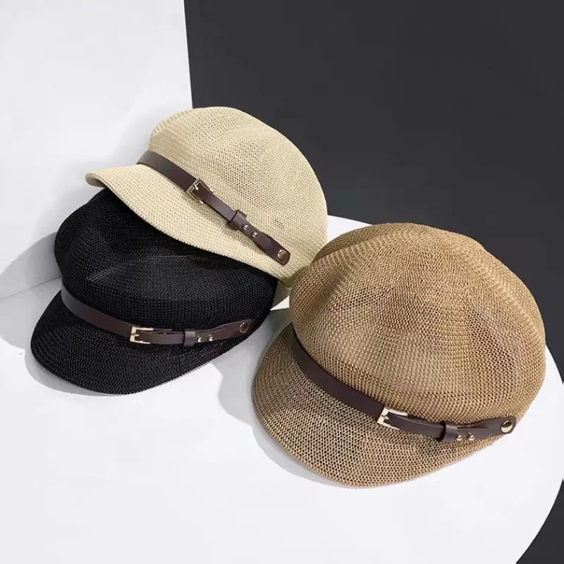 

2023 Octagonal Hat Straw Women's Summer Thin Newspaper Cap Painter Adjustable Rope Woven Beret Mesh Breathable Beach Straw Hat