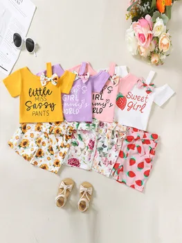 Toddler Baby Girls Clothes T-shirt + Casual Shorts Pants Cute Summer Clothing Set Outfits Halter Slant Shoulder Bow Top 1