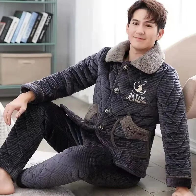 2024 New Pajama Men Winter Three-layer Padded Coral Velvet Loungewear Padded Cotton Plus Velvet Flannel Homewear Suit Autumn