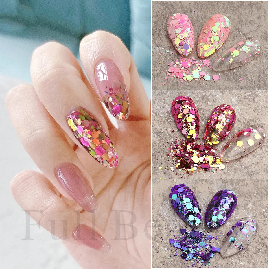 Mirror Iridescent Nail Art Sequins Holographic Mixed Hexagon Chunky Nail  Glitter Powder Flakes Sparkly Spangles Manicure LAGB