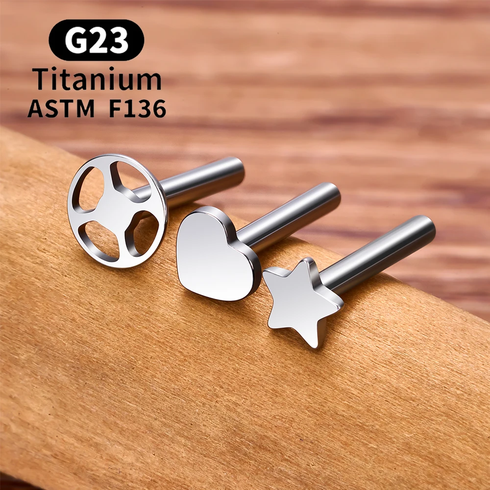 10/50개입 G23 티타늄 피어싱 스터드 귀걸이 로드 내부 나사산 베이스 스타 하트 16G 귀/입술/트라거스 바디 주얼리 액세서리