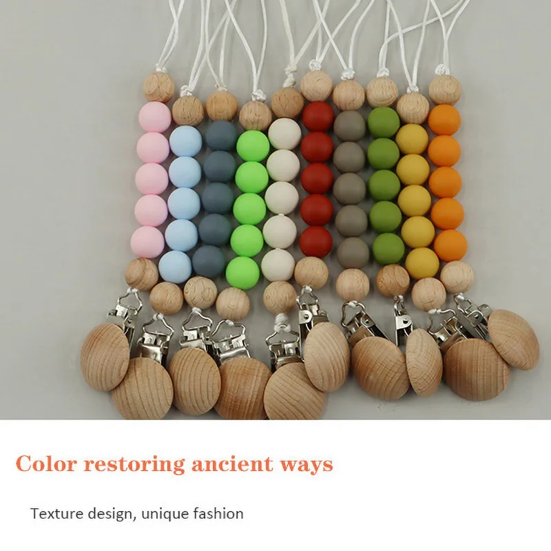 Silicone Pacifier Chain BPA Free Baby Pacifier Anti-Drop Chain Wood Bead Clips Dummy