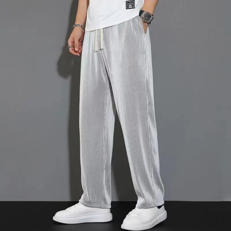 Korean Trend Summer Thin Ice Silk Elastic Striped Casual Pants Men Pocket Drawstring Versatile Loose Straight Sports Trousers