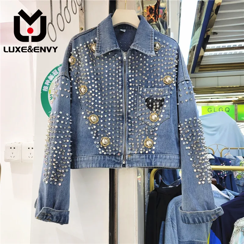 

LUXE&ENVY European Station New Korean Version Loose Heavy Industry Rivet Set Diamond Versatile Denim Jacket Short