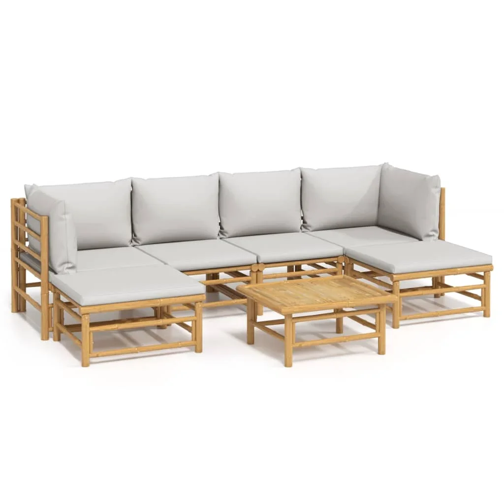 Set de muebles de jardín 7 piezas bambú y cojines gris claro