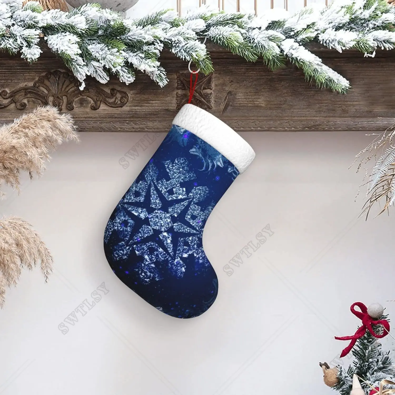 Christmas Stocking Classic Large Stockings Huge Snowflakes in a Blue Starry Sky 18in Christmas Stocking for Family Holiday