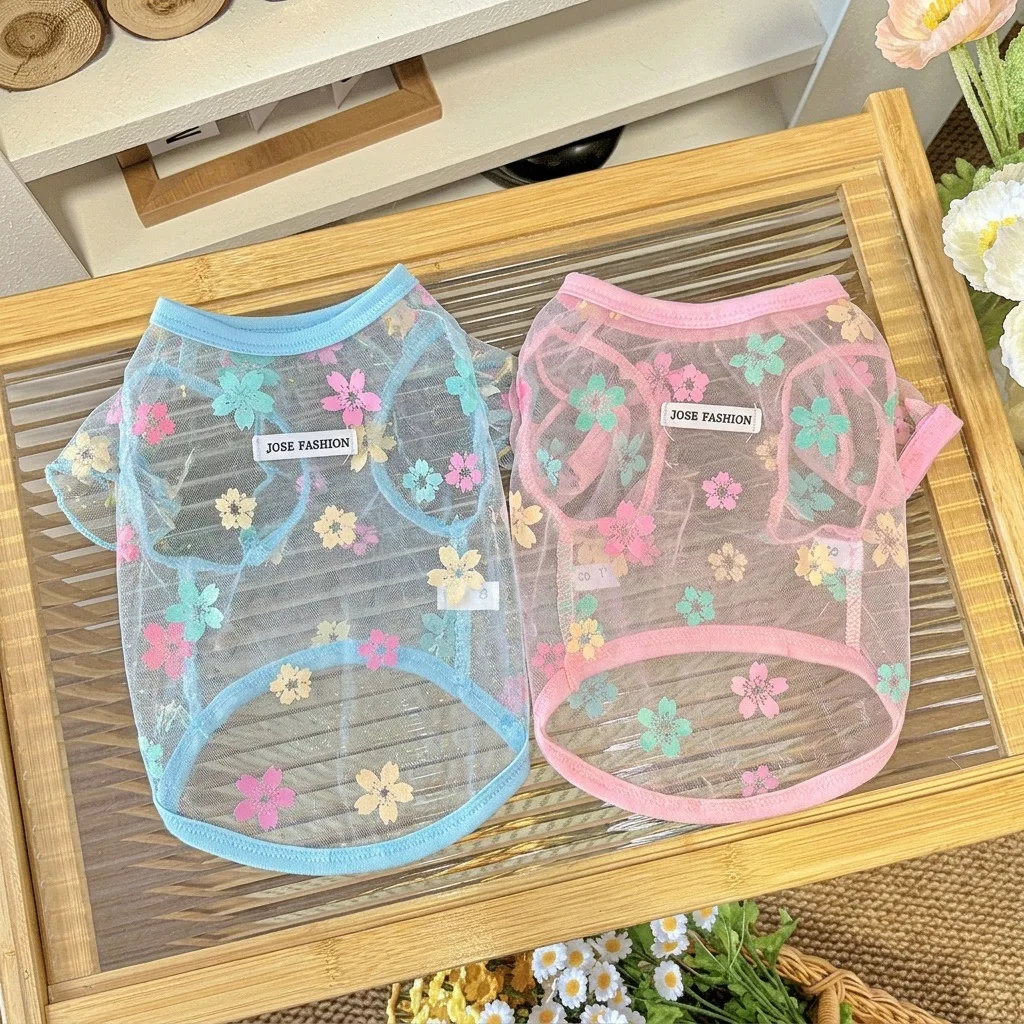 통기성 메쉬 강아지 옷, 자외선 차단 애완견 조끼, 귀여운 프린트 테디 티셔츠, 야외 모기 방지 비숑 풀오버