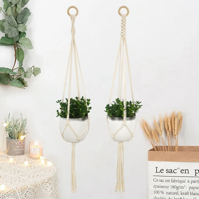 Makrame Függő Kosár Kézzel Szőtt Virágcserép -Vintage Növényi Polcok Pamut Kötél Fedett Fogas Kerti Dekoráció
