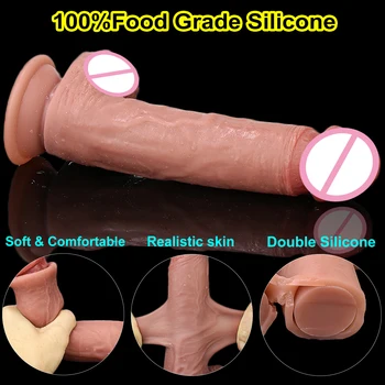 Strong Male Sliding Foreskin Big Dildo Skin Feel Suction Cup Thick Cock Anal Adult Toy for Men Women Gay Double Silicone Penis 2