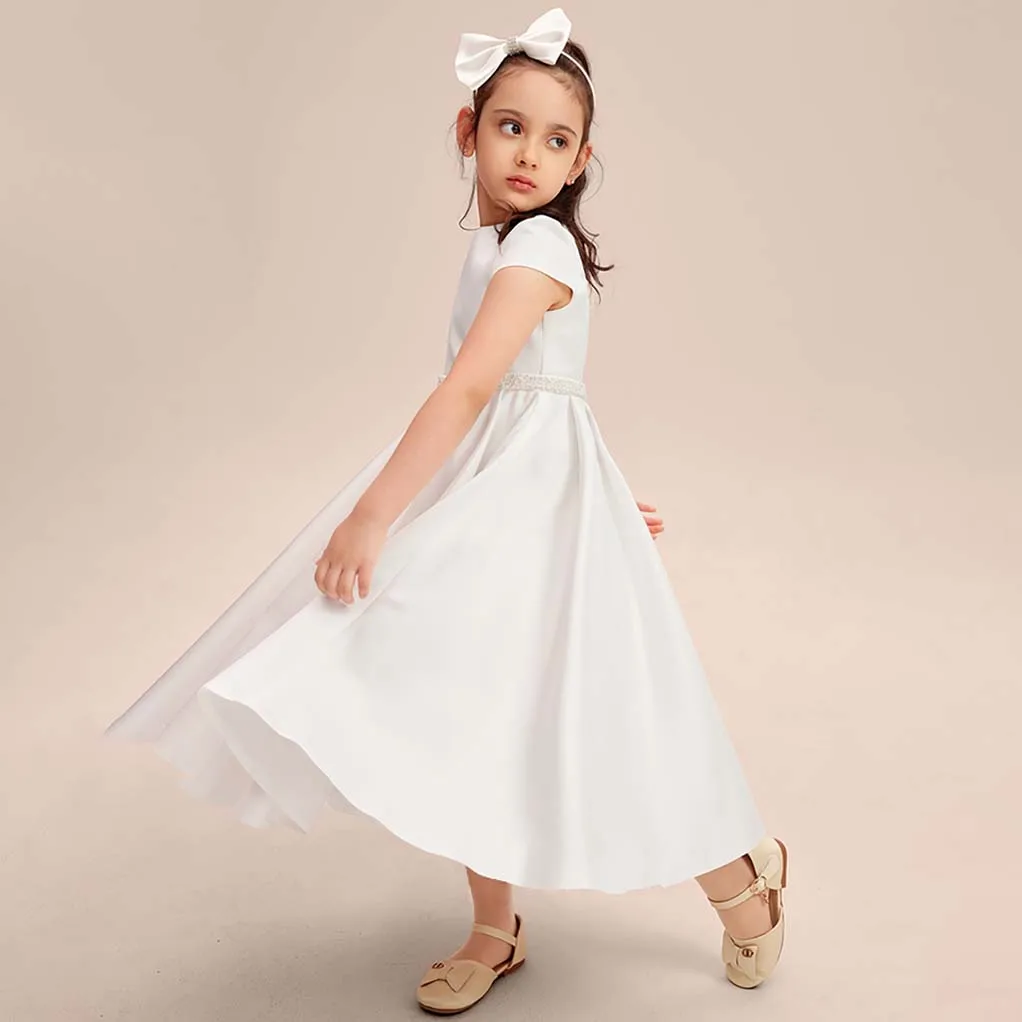 A-line Scoop Floor-Length Satin Pageant Party Flower Girl Dress for Kids Wedding Bridesmaid Birthday Party Formal Princess Gown