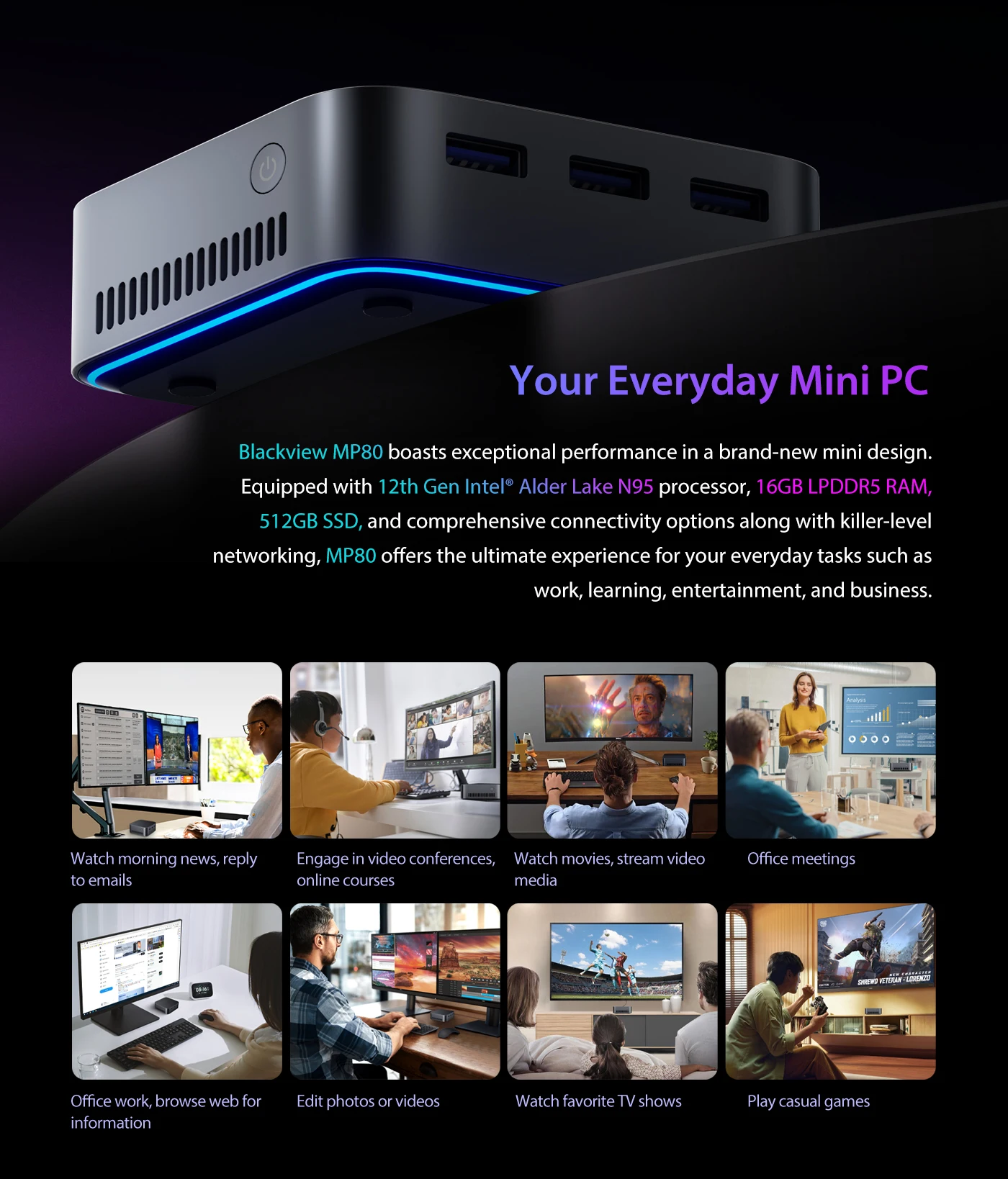 Black view mp80 mini pc 12. gen intel alder see n95 n97 ddr5 16gb 512gb ssd vesa mini desktop computer 4k hdmi windows 11 pro