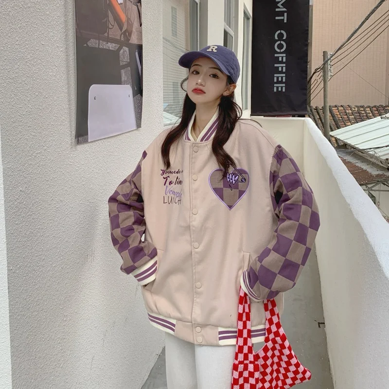 2023 Spring Autumn Jackets for Women New Fashion Vintage Checkerboard Grid Jacket Loose Baseball Coat vintage checkerboard round neck sweater men s autumn loose all match sweater jacket personality fashion pullover sweater winter