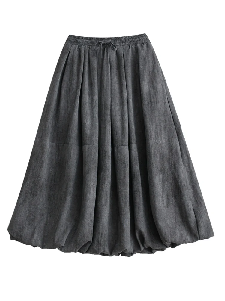 2025 Spring Autumn New Vintage High Waist Pleated Skirt Women Plus Size Fashion Drawstring Loose Casual Midi Skirts Clothing