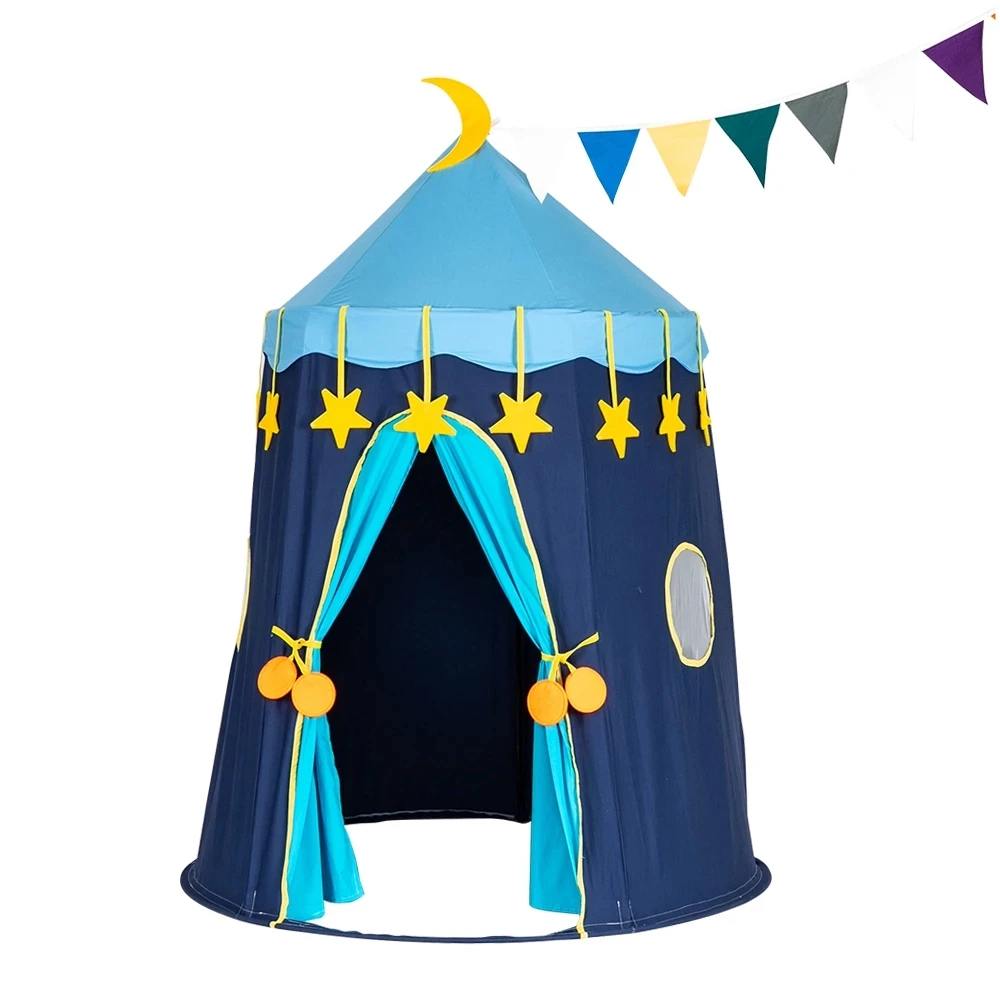 Cotton Yurt Tent With Small Colorful Flags Blue Playhouse Children Party