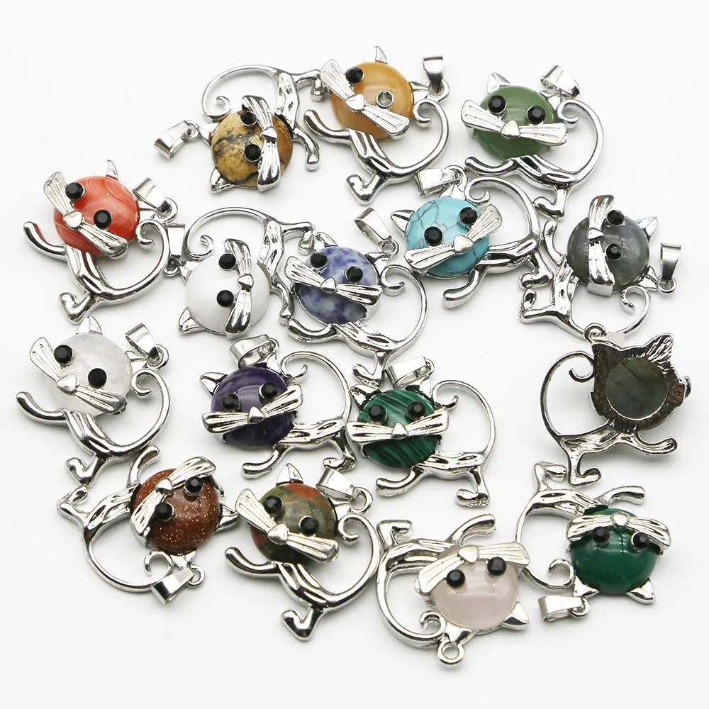 

Natural Stone Agate Crystal Cute Kitten Necklace Pendant Fashion Mineral Healing Charms Jewelry Gift Accessories Wholesale 10Pcs