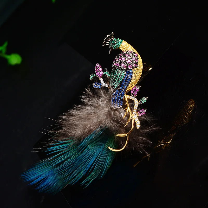 Alilang Dancing Peacock Feather Brooch Pin | Crystal Rhinestone Bird Jewelry For Dresses, Hats & Bags