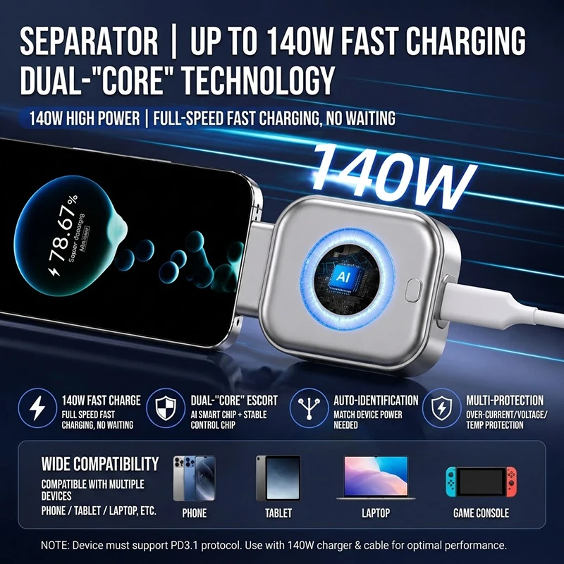 스마트 USB-C 고속 충전 컨버터 자동 전원 차단 기능, LED 링 표시등이 있는 풀 충전 분리기, 아이폰 17용 모바일 태블릿용