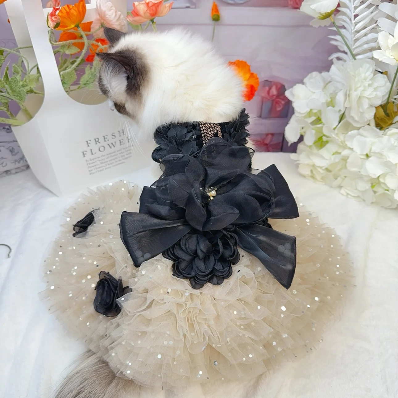 Fashion Sexy Black Roseflower Puppy Dog Clothing Sequin Lace