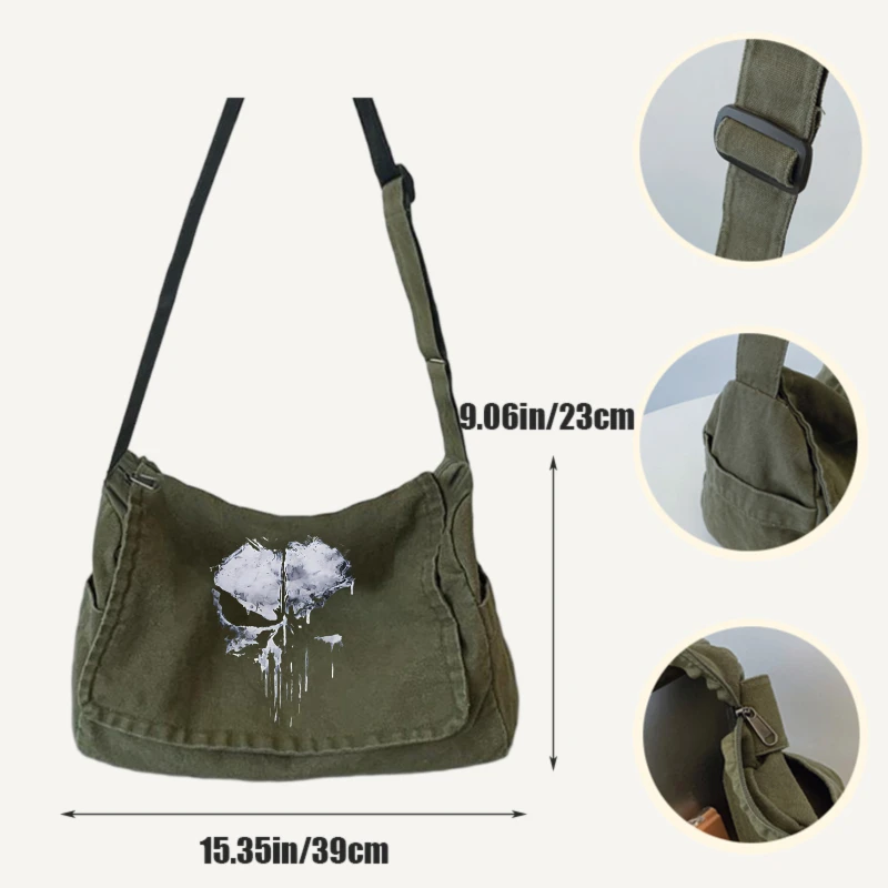Vintage Men's Crossbody Bag Canvas Skull Print Large Capacity Messenger Bag for Daily Use