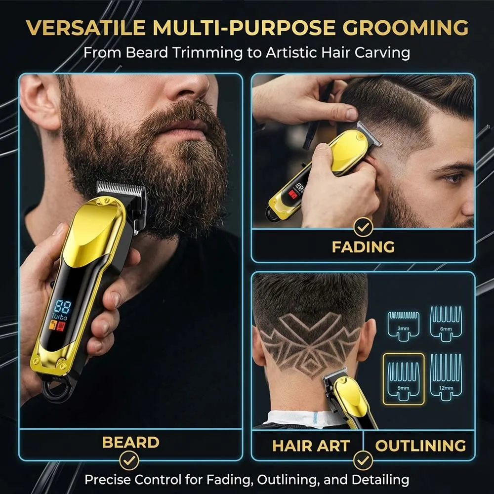 Professional Cordless Hair Clipper Set for Men Rechargeable Electric Trimmer LED Display T-Blade Barber Kit with 8 Combs Scissors & Cape