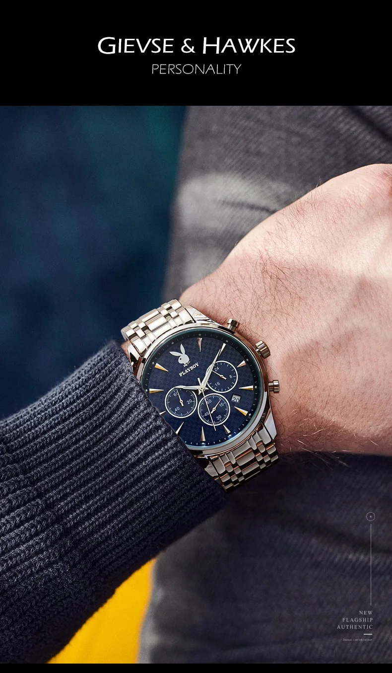 PLAYBOY 8881 Original Quarzuhren für Herren Stahlarmband Wasserdicht Leuchtend Chronograph Herrenuhren Mode Schlichte Männeruhr – Detail 22