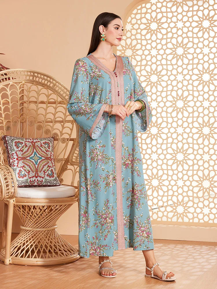 

Spring Women Long Sleeve Floral Printed Muslim Dress Vestidos Turkey Abaya Robe Islamic Clothing Bohemain Maxi Dresses Ramadan