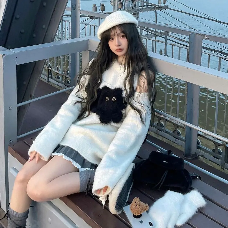 

Pure lust style soft waxy fashion sweater cartoon cat off-shoulder pullover Korean style autumn winter new imitation mink wool