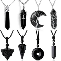 Tree of Life Wire Wrapped Natural Black Onyx Hexagonal Moon Pendant Pyramid Ping Buckle Hand-woven Necklaces Women Men Jewelry 1