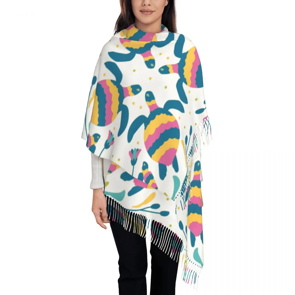 

Custom Printed Mexican Otomi Turtle Embroidery Scarf Men Women Winter Fall Warm Scarves Floral Animal Art Shawl Wrap