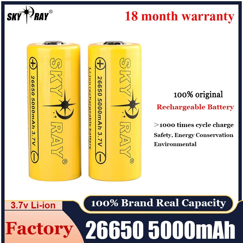 100% Original 26650 Lithium Battery 3.7V 5000mAh High Capacity Rechargeable  Li Ion Battery Cell 1000 Times For Flashlight Tool