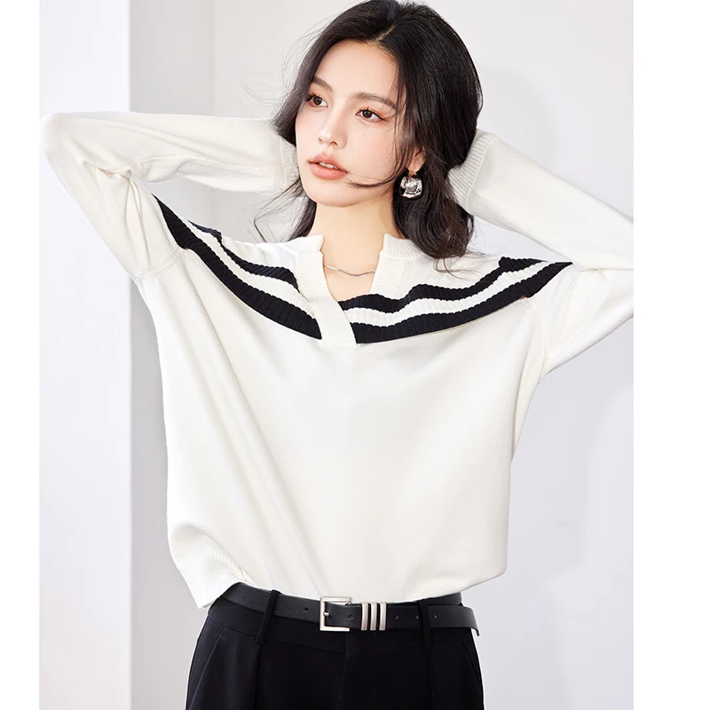 

Woman Pullover Off Shoulder Sweater Women Patchwork Colorblock Striped Long Sleeve Knit Top New Chic Knitwear Tops