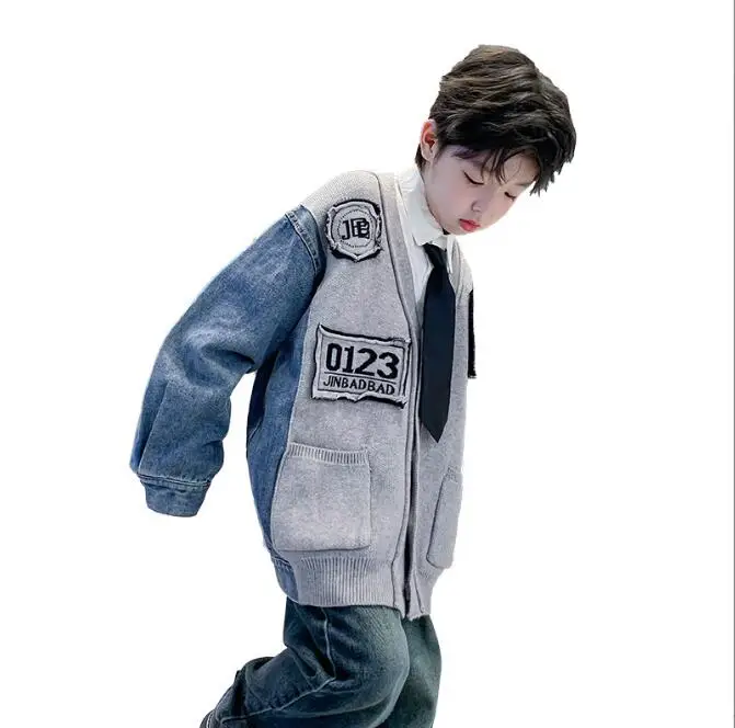 boys denim patchwork coat autumn spring cotton full sleeve high quality kids jacket 4-10t F140