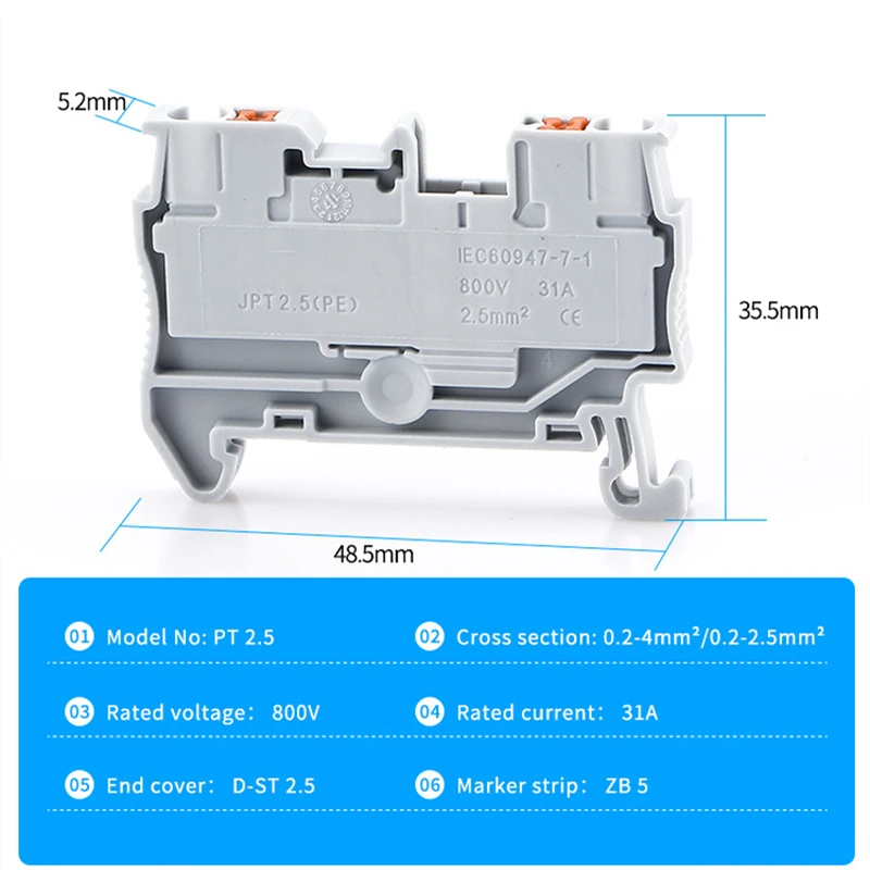 10pcs Din Rail Terminal Block PT-2.5 Push In Terminal Connector Spring Screwless Electrical Wire Conductor PT2.5 Wire Connector wire connectors din rail terminal block