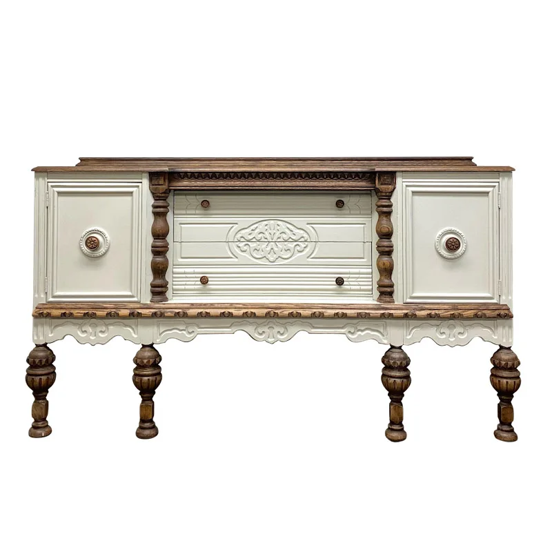 French Retro Sideboard/Wood Carved Distressed Entrance Cabinet Hall Cabinet Curio Cabinet