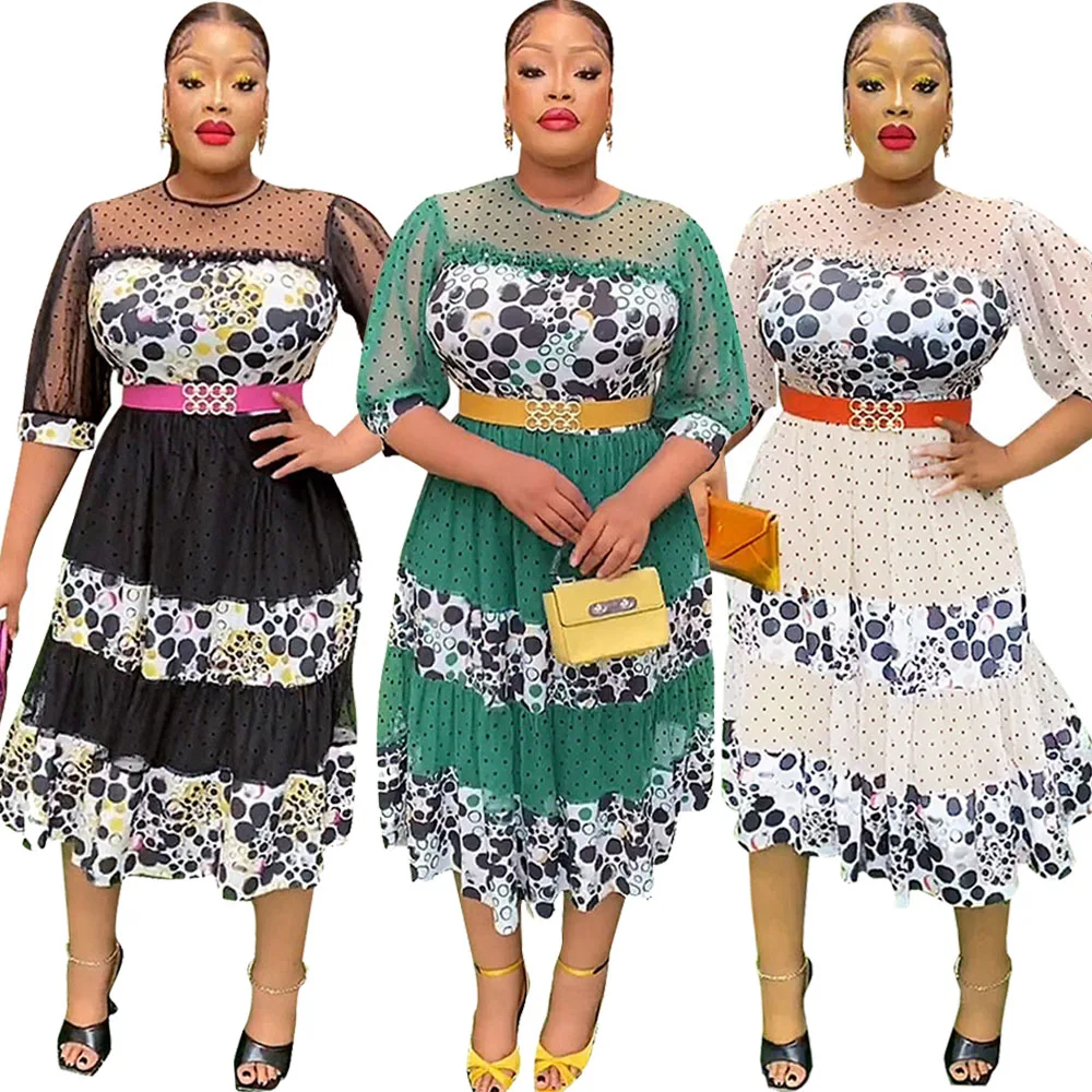 

Plus Size Mesh Polka Dot African Dresses for Women Elegant Belted Party Evening Dress Africa Outfits Ankara Dashiki Abaya Kaftan