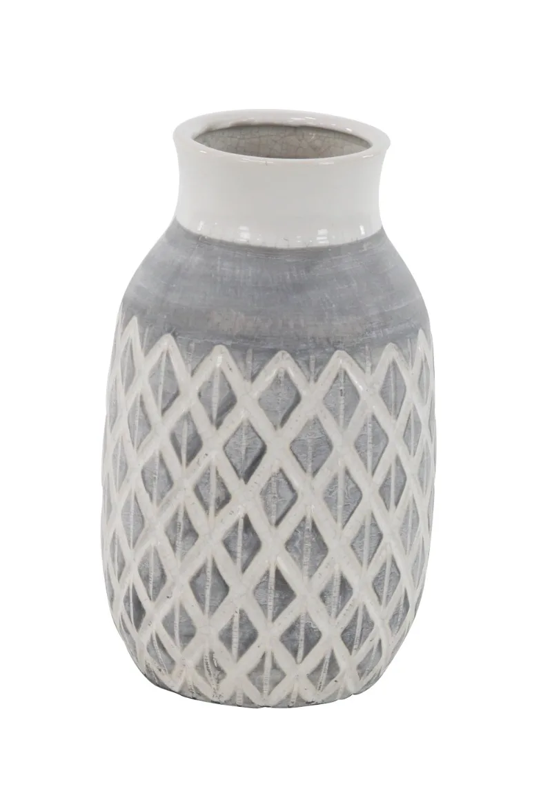 

13" White Ceramic Vase with Diamond Pattern
