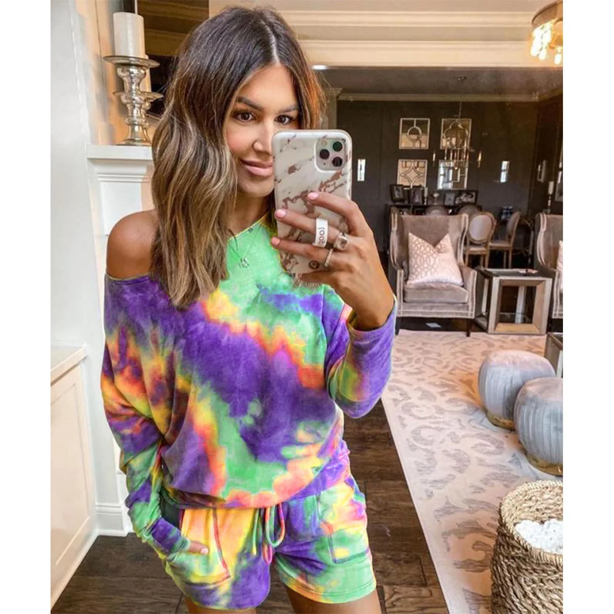 

Slant Collar Tie Dye Printed Two Piece Set Women Long Sleeved T Shirt Drawstring Leace-up Waist Shorts Sets Fashions 2023 Summer