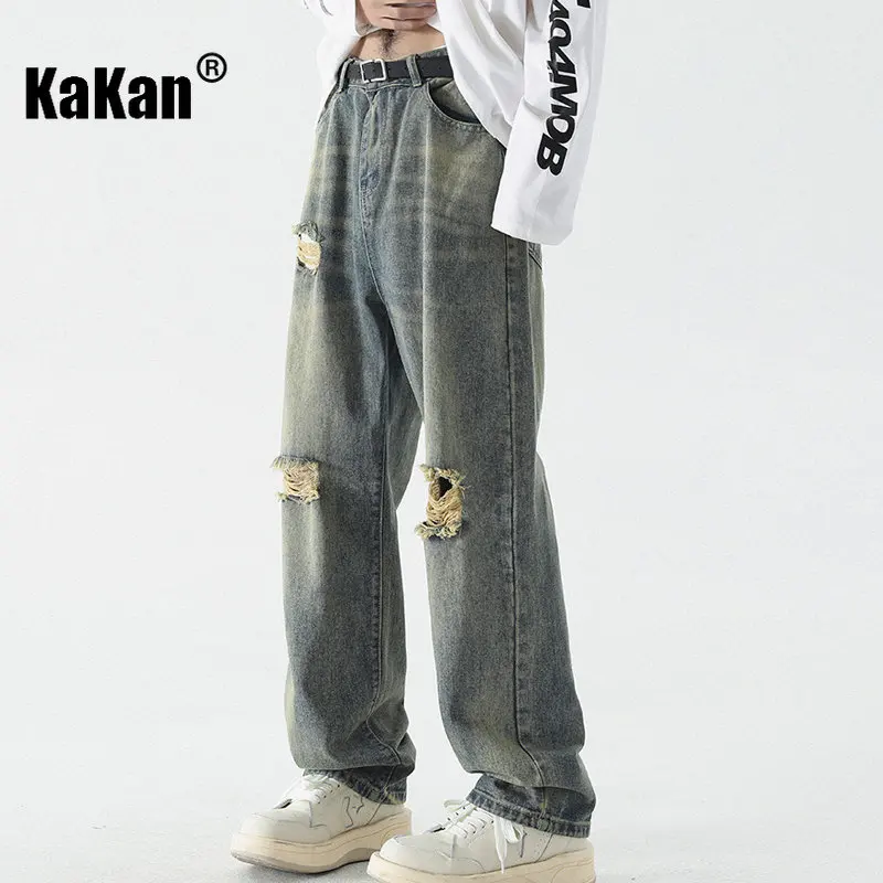 Kakan - New Washed Old Hole Jeans for Men, High Street Trendy Brand Straight Drop Versatile Long Jeans K24-JFS502