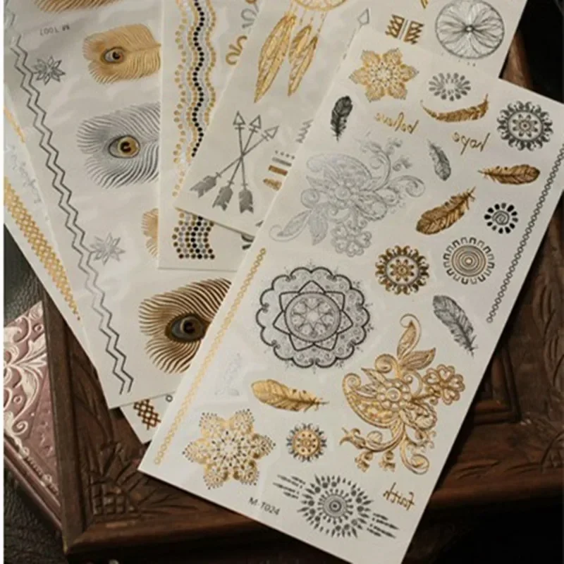 Tattoo Sticker Temporary Tattoos 1PC Summer Style Men Women Body Art Gold Metallic Tattoo Sticker Chain Bracelet Fake Jewelry Waterproof Temporary Tattoo